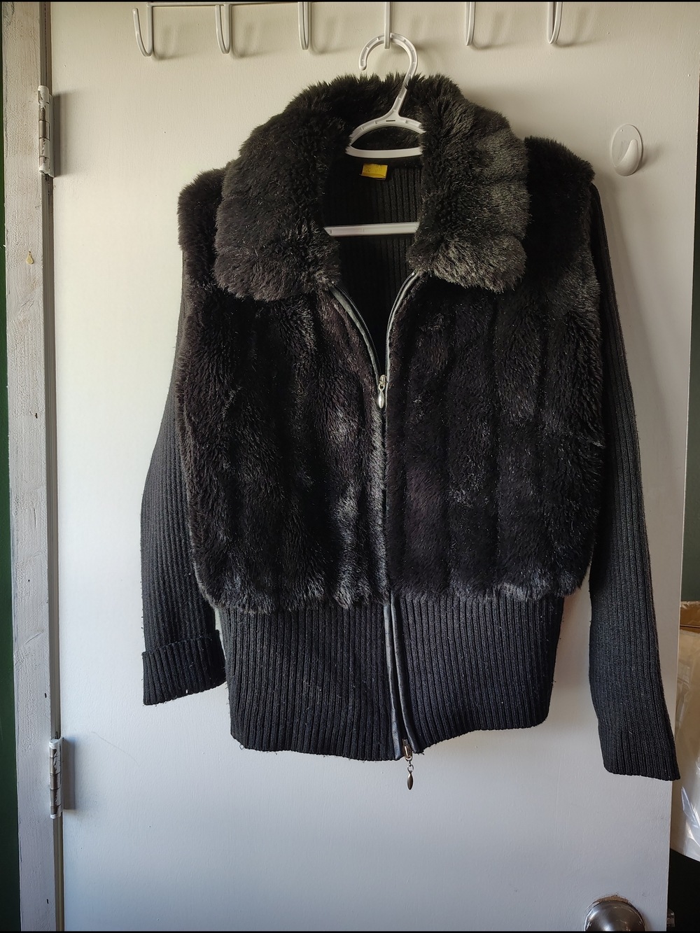 Black Teddy Jacket with Faux Fur Collar - Women's Zip Front